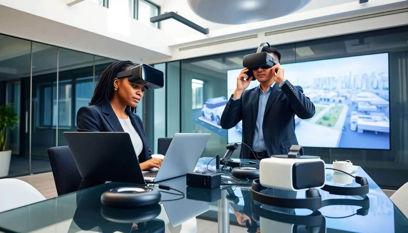 diverse team collaborating on virtual reality projects in a modern office.