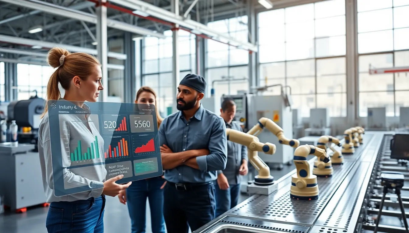 diverse professionals discussing Industry 4.0 in a modern manufacturing facility.