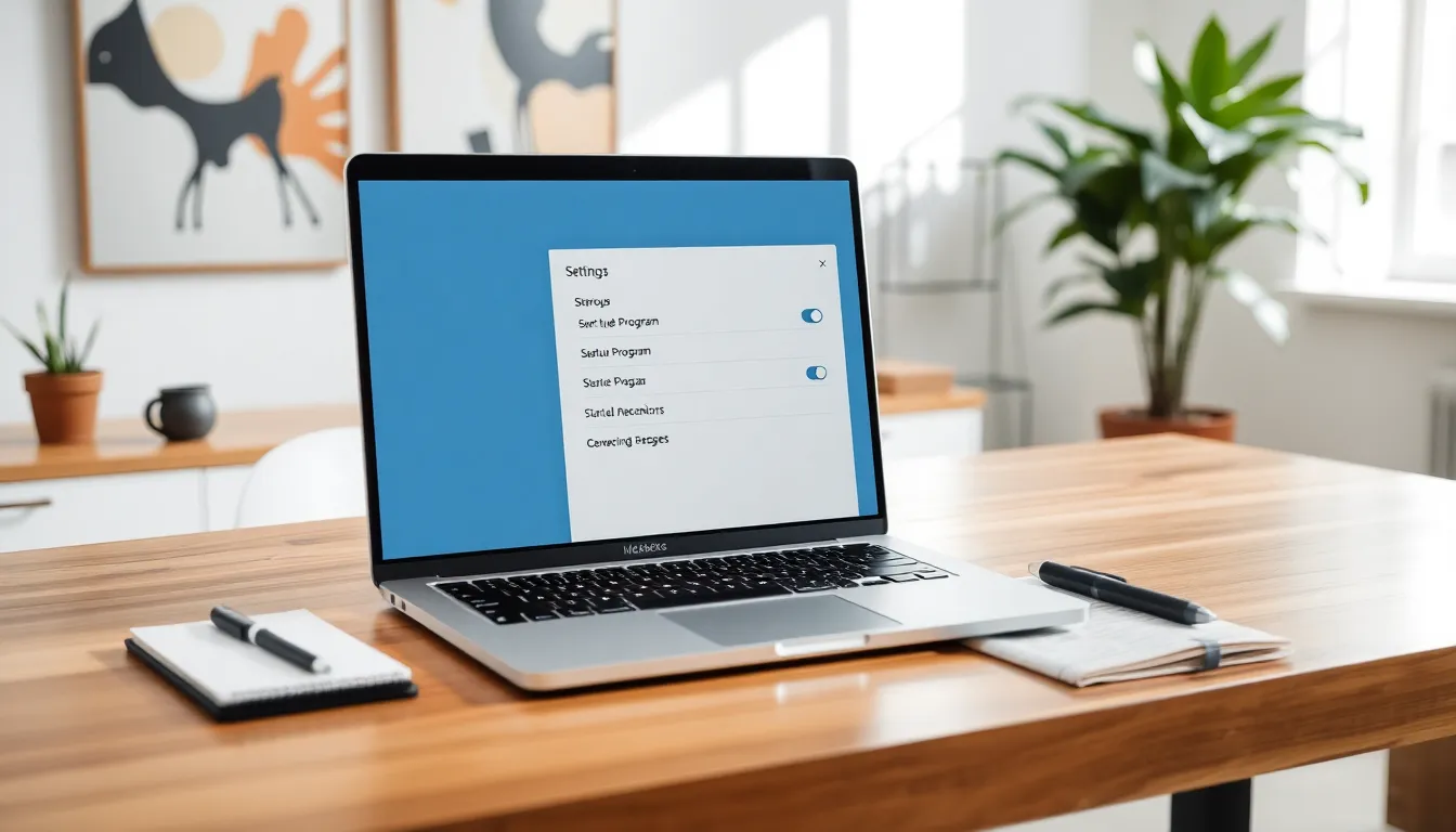 A modern office with a MacBook showing startup application settings.