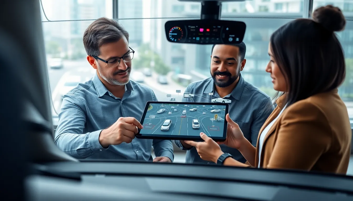professionals discussing IoT automotive innovations in a modern office.