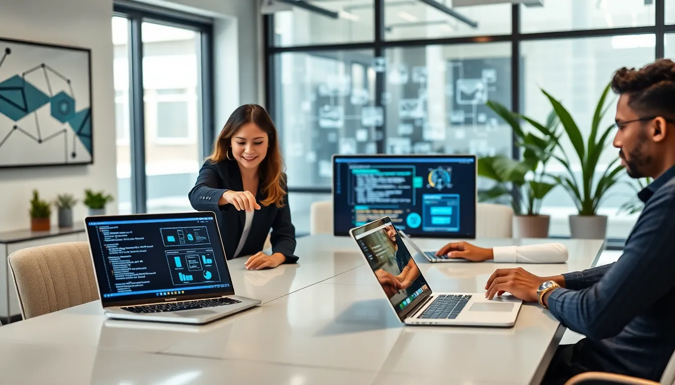 diverse team collaborating on IoT software development in a modern office.
