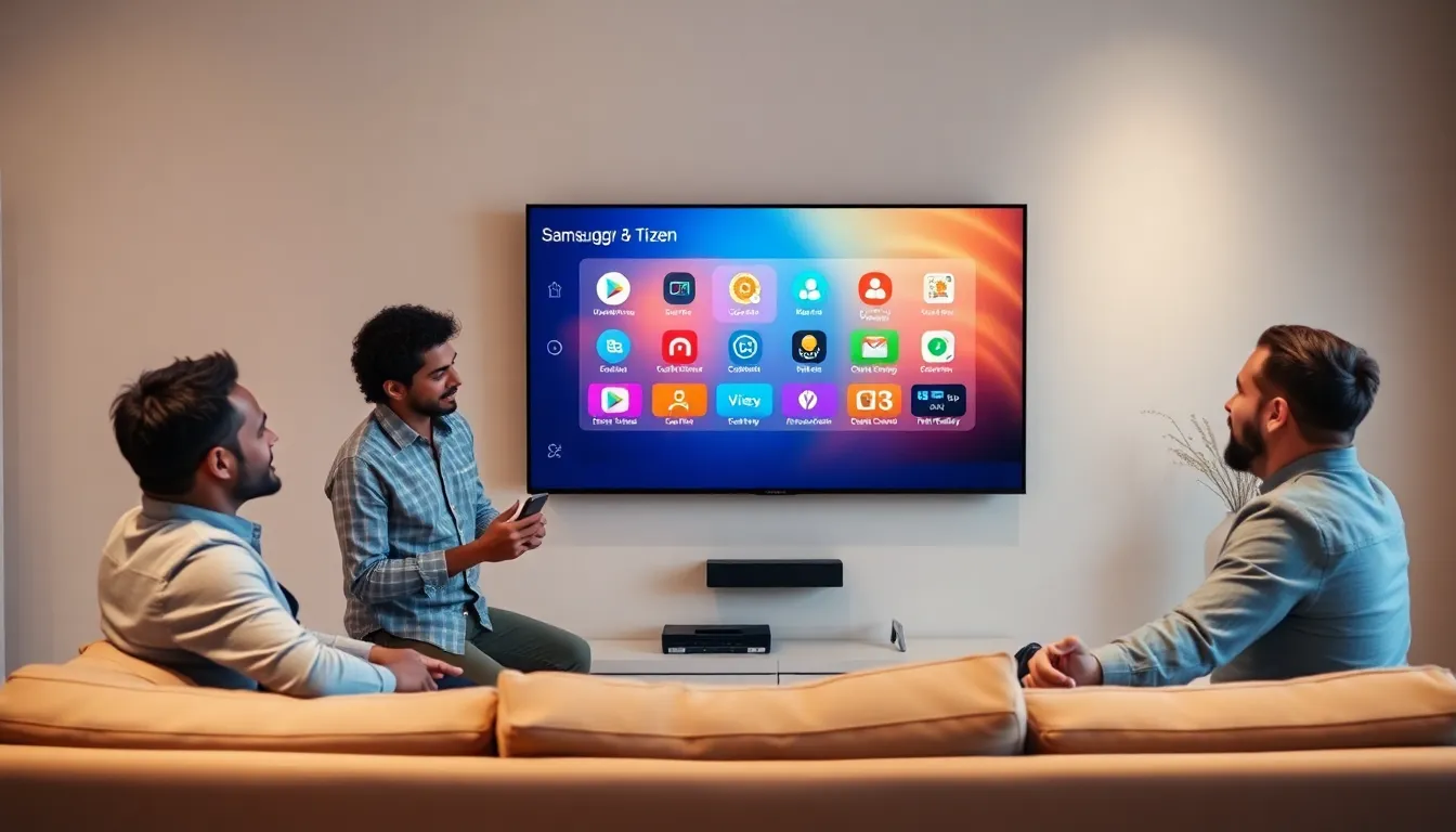group discussing app options on a modern Samsung Smart TV.
