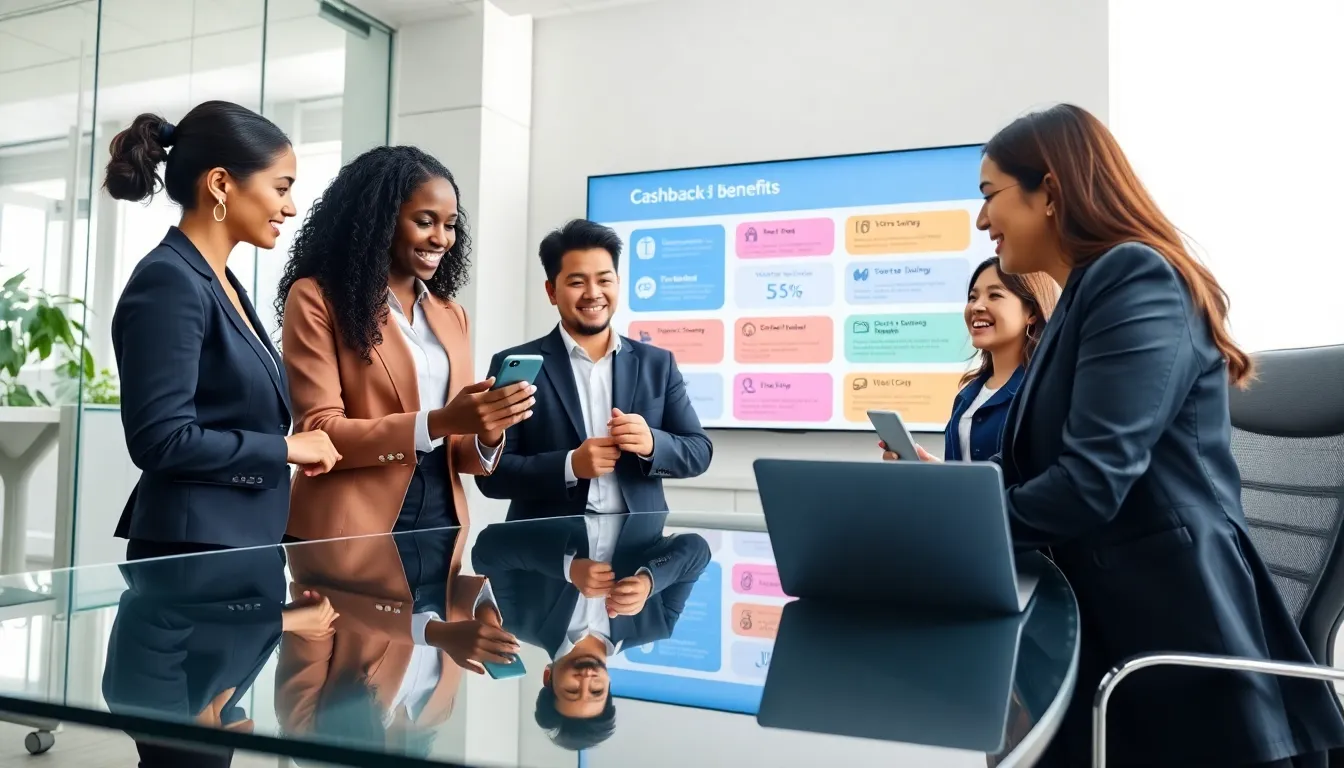 team discussing cashback apps in a modern office.