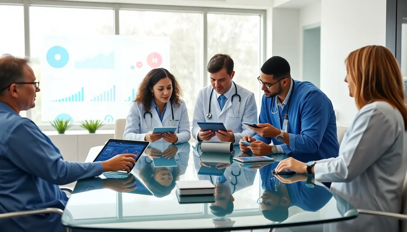 healthcare professionals discussing IoT technology in a modern office.