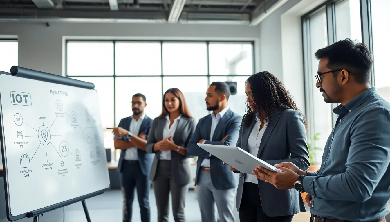 diverse professionals discussing IoT and cybersecurity in a modern office.