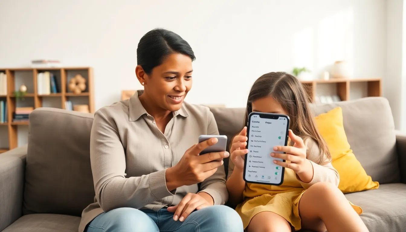 parent teaching child about blocking apps on an iPhone.