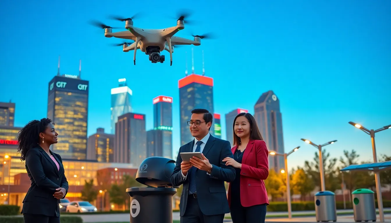 professionals discussing smart city technologies in an urban setting.